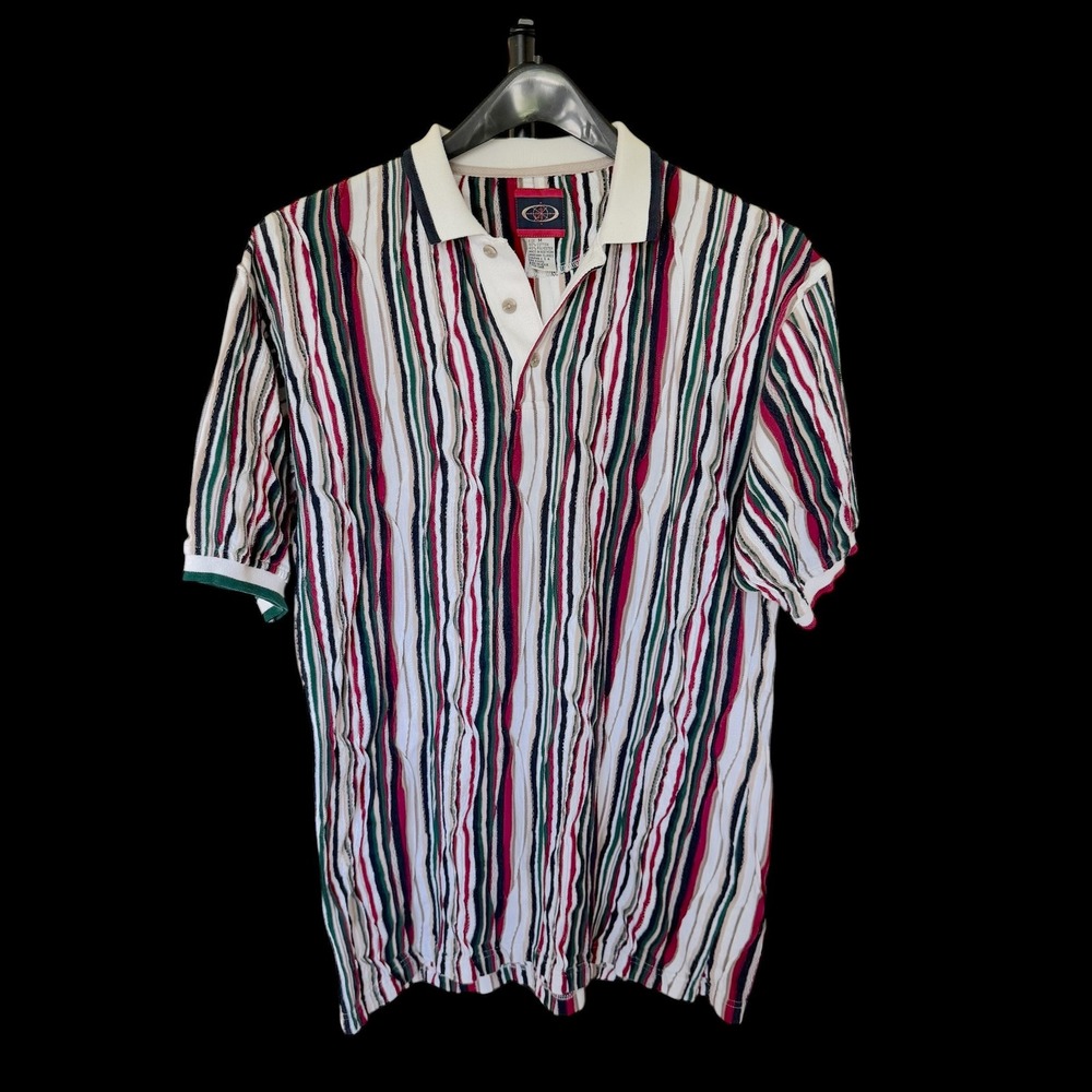 90's Vertical Stripe Coogi Style Textured Polo Shirt Multi-Color Short Sleeve M